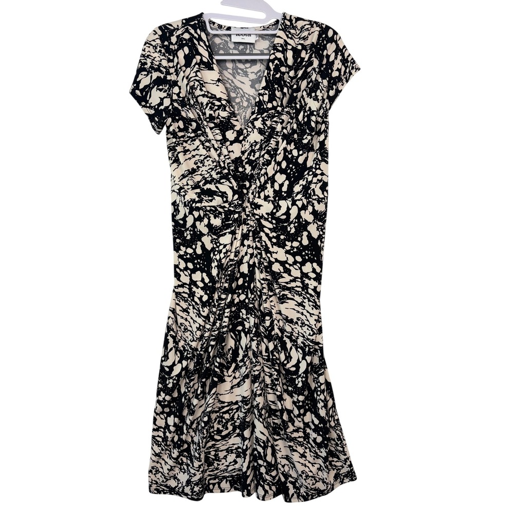 Leota Dress Small Black Cream Abstract Marble Twist Front V-Neck Short Sleeve